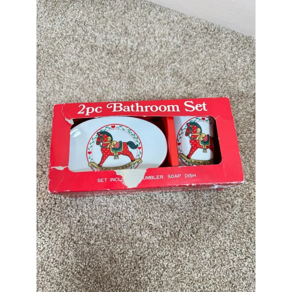 VTG Ceramic Tumbler and Soap Dish Set Made in Japan Rocking Horse Christmas